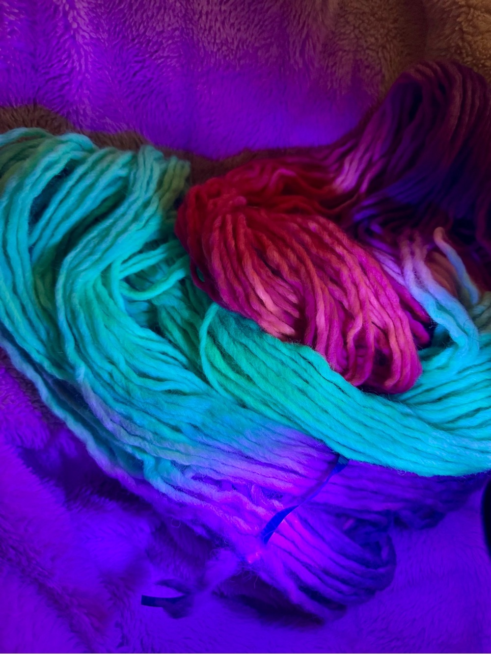 Hand-Dyed Blacklight Gradient Yarn in Teal and Magenta